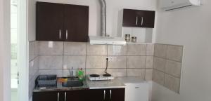a kitchen with brown cabinets and a counter top at Apartmani Ilić in Golubac
