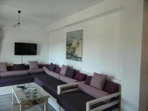 a living room with purple couches and a tv at Apartman Linda in Medulin