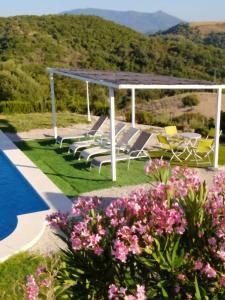 阿爾加爾的住宿－3 bedrooms villa with private pool enclosed garden and wifi at Algar，一个带椅子和凉亭的庭院,并种植了鲜花。
