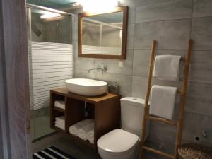 bagno con lavandino, servizi igienici e specchio di Loft by the sea-Agios Nikolaos-Lefkada ad Ágios Nikólaos