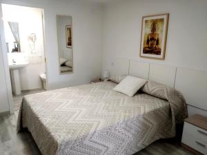 1 dormitorio con cama y espejo en la pared en Apartaloft LA CELESTINA, en Almagro