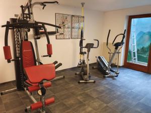 a gym with several tread machines and a red chair at Sonnhof Reit im Winkl in Reit im Winkl