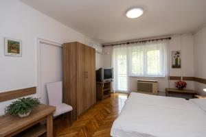 una camera con letto, scrivania e TV di Kis János Apartman a Sopron