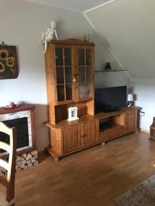 a living room with a tv and a entertainment center at Ferienwohnung am Hochrhöner 