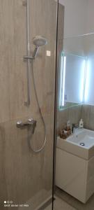 um chuveiro na casa de banho com um lavatório em Hostinec U Zlaté lípy em Noviny pod Ralskem