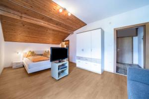 een slaapkamer met een bed en een flatscreen-tv bij Apartment Tschigat Leilichhof in Lana di Sotto
