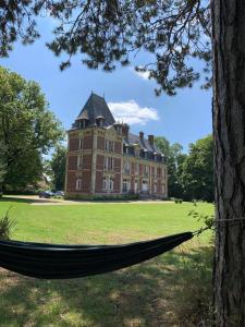 a hammock in front of a large building at Aile Château La Chapelle du Bois des Faulx in La Chapelle-du-Bois-des-Faulx