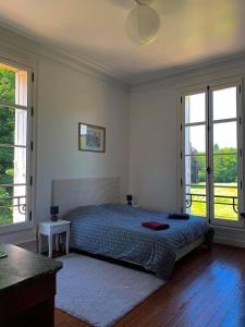a bedroom with a bed in a room with windows at Aile Château La Chapelle du Bois des Faulx in La Chapelle-du-Bois-des-Faulx