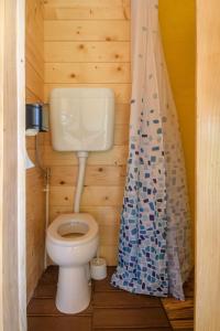 niewielka łazienka z toaletą i zasłoną prysznicową w obiekcie Natura Camp Karli w mieście Kaštelir