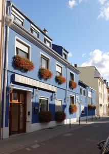een blauw gebouw met bloempotten aan de straatkant bij Hotel & Weinstube Restaurant Filling in Frankenthal