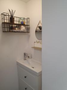 ein weißes Badezimmer mit einem Waschbecken und einem Spiegel in der Unterkunft Suite-Airport-Basel in Blotzheim