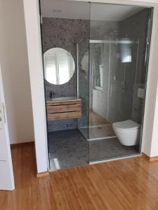 een badkamer met een douche, een wastafel en een toilet bij Villa Mondee in Mandre