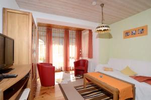 a living room with a couch and a tv and a table at Appartementhaus Angerer - Feriendomizile Pichler in Heiligenblut