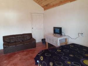 Una sala de estar con un sofá de cuero y un televisor. en cabañas liquidambar, en La Trinitaria