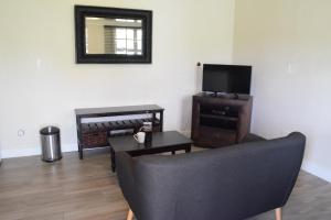 a living room with a couch and a television at Arcangeli Wines in Botrivier