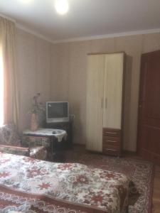 een slaapkamer met een bed en een tv en een televisie bij Будиночок в Східнці-Новий Кропивник in Skhidnitsa