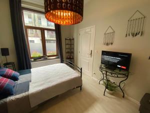 a bedroom with a bed and a flat screen tv at Petit Appartement Jourdan EU in Brussels