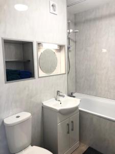 a bathroom with a toilet and a sink and a tub at Coedrath Park 14 - Short Walk to Beach, Ground Floor, Parking in Saundersfoot