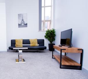 salon z kanapą i telewizorem w obiekcie Spacious Urban City Apartment w mieście Doncaster