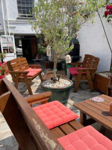 a patio with wooden tables and benches and a tree at Red Lion Inn in Sidbury