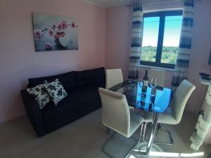 sala de estar con sofá negro y mesa de cristal en Apartman Bukaleta in Loznati, en Loznati