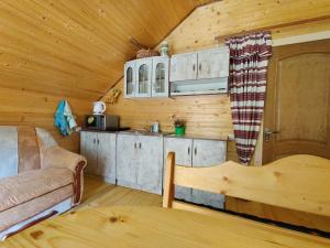 a living room with a couch and a kitchen in a cabin at Зелена садиба Валило in Kosiv