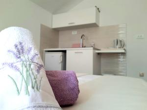 salon z purpurowym krzesłem w kuchni w obiekcie Studio Apartments Regina w Bol