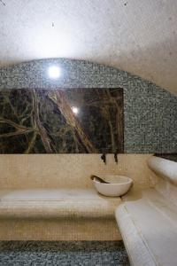 een badkamer met een wastafel en een tegelwand bij Helios in Boekovel