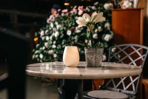 a table with a vase and a flower on it at Hotell Björken in Umeå