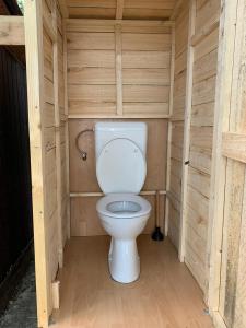 a bathroom with a toilet in a wooden stall at Erdei házak in Csopak