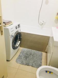 a bathroom with a washing machine and a rug at Studio apartman Zagreb zapad Vrapče in Zagreb