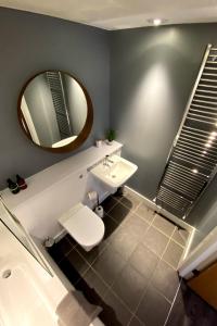 a bathroom with a toilet and a sink and a mirror at Middlehaven Apartment in Middlesbrough