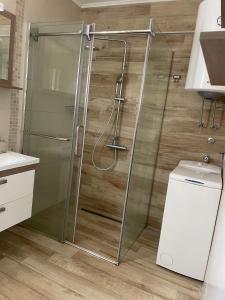 a shower with a glass door in a bathroom at Apartment AndjelaS in Tivat