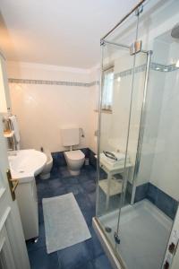 une salle de bains avec douche, toilettes et lavabo dans l'établissement Lovely House with View Over Salt Pans TIMOR, à Sečovlje