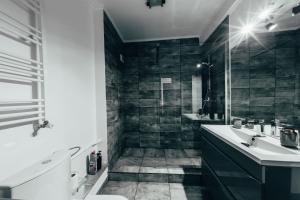 オラデアにあるUrban Stay Apartmentの洗面台、トイレ、鏡のあるバスルーム +9枚の写真