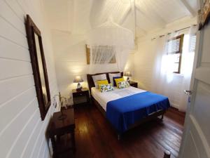 ブイヤントにあるVilla élégante à Bouillante avec piscine privéeの青いシーツのベッドと窓のある寝室 +55枚の写真