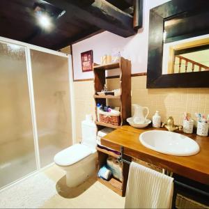 Un baño con inodoro, lavabo y ducha. en Villa de Castro, en Villar de los Barrios