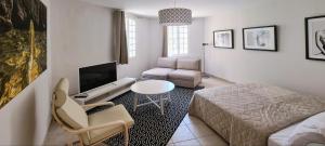 a living room with a bed a table and a television at La Résidence Arles Centre in Arles