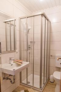 ein Bad mit einer Dusche und einem Waschbecken in der Unterkunft Unterwötzlhof in Abtenau