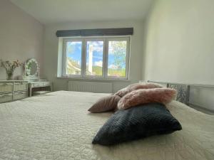 sypialnia z dużym łóżkiem i dużym oknem w obiekcie Apartament nad Kryniczanką w mieście Krynica Zdrój