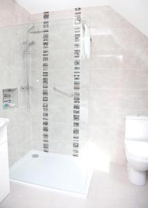 a white bathroom with a shower and a toilet at Willoughby House in Cork