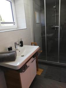 a bathroom with a sink and a shower at Haus Horvath Bett und Brot in Altaussee