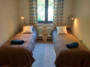 two twin beds in a room with a window at Zielony Otoczak in Brenna