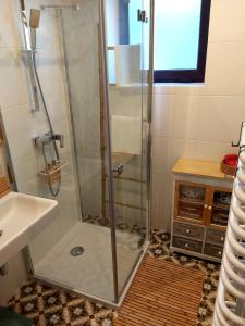 a shower with a glass door in a bathroom at Zielony Otoczak in Brenna