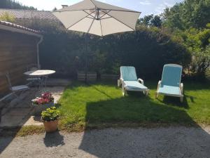 two chairs and a table and an umbrella in a yard at Au Petit Nid de Sanguinet in Sanguinet