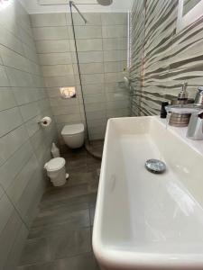 a white bathroom with a toilet and a sink at Ninemia Apartment in Artemonas