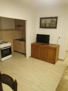 - un salon avec une télévision et une cuisinière dans l'établissement Apartman Danica, à Herceg-Novi