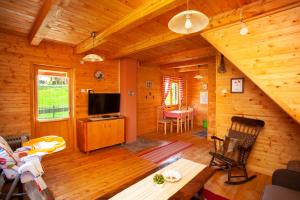 a living room of a wooden cabin with a television at Family lux Apartments in Žabljak