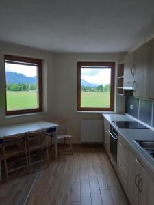 a kitchen with two windows and a table in it at Apartmaji Maki in Bled