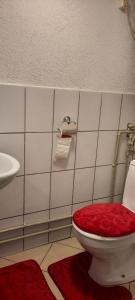 a bathroom with a red toilet and a sink at Jūrmaļjēkuļi in Bernāti